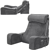 Sasttie 15-25 inch Adjustable Reading Pillow with Armrests, Dark Grey | Back Rest Pillow with Secure Side Straps, Memory Foam Back Support Cushion Bed Chair for Reading, Gaming &amp; Relaxing