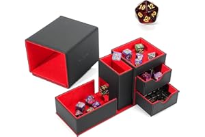 STEPANE Dice Tower & Dice Tray Storage Box, 3 in 1 Dice Holder Case (Rolling Tower, Storage Drawers, Rolling Tray), Leather Magnetic Closure DND Accessories Gifts for RPG MTG, Black/Red