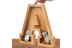 HODNSZRIT Wooden Letter Piggy Bank for Kids Boys Girls Adults 10 inch Large 26-Letter Unbreakable Money Box Personalized Savings Coin Bank with DIY Sticker. Christmas, New Year, Birthday Gift for Children's-A