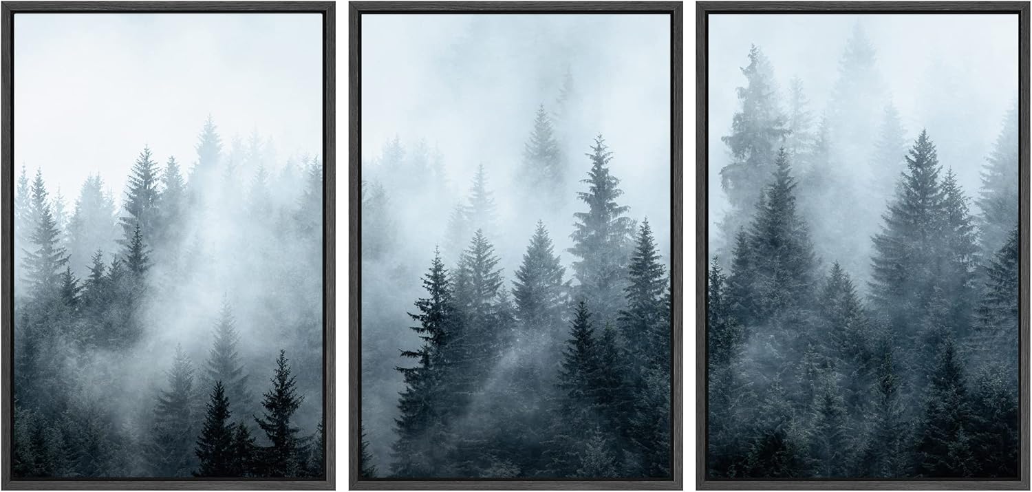 Wall Décor - SIGNWIN Framed Canvas Print Wall Art Set Winter Fog Mist Pine Tree Mountain Forest Nature Wilderness Photography Modern Art Landscape Relax/Calm for Living Room, Bedroom, Office - 24