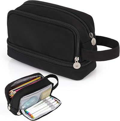Alyvisun Large Capacity Pencil Case 3 Compartments with Handle Canvas