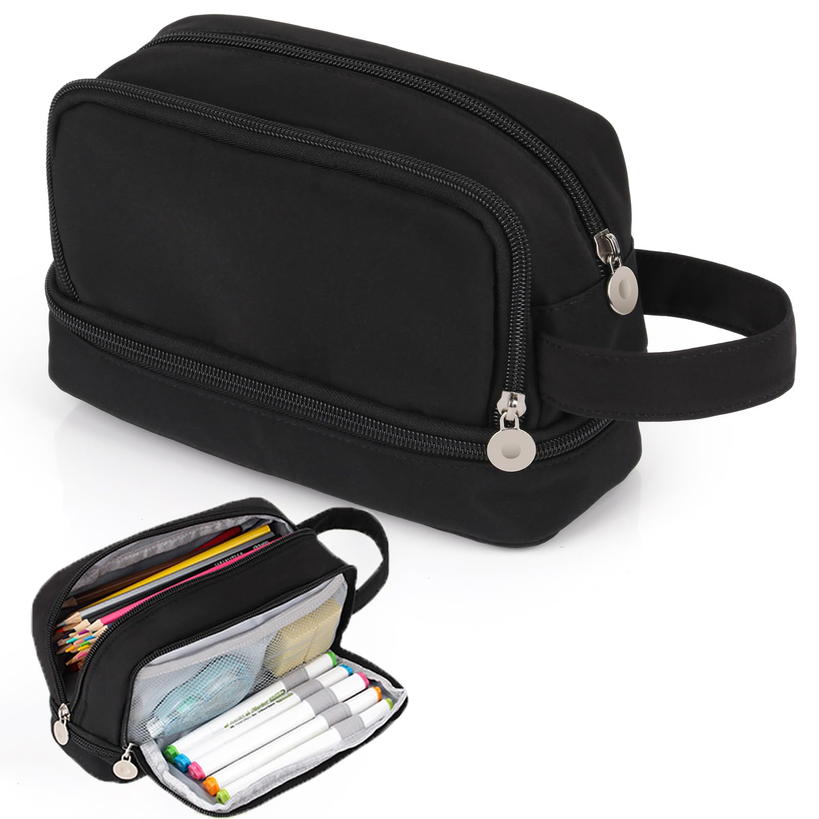 Alyvisun Large Capacity Pencil Case with 3 Compartments for Boys Girls, Desk Stationery Organizer Pencil Pouch with Handle, Portable Pencil Case for School Office Supplies — image 1