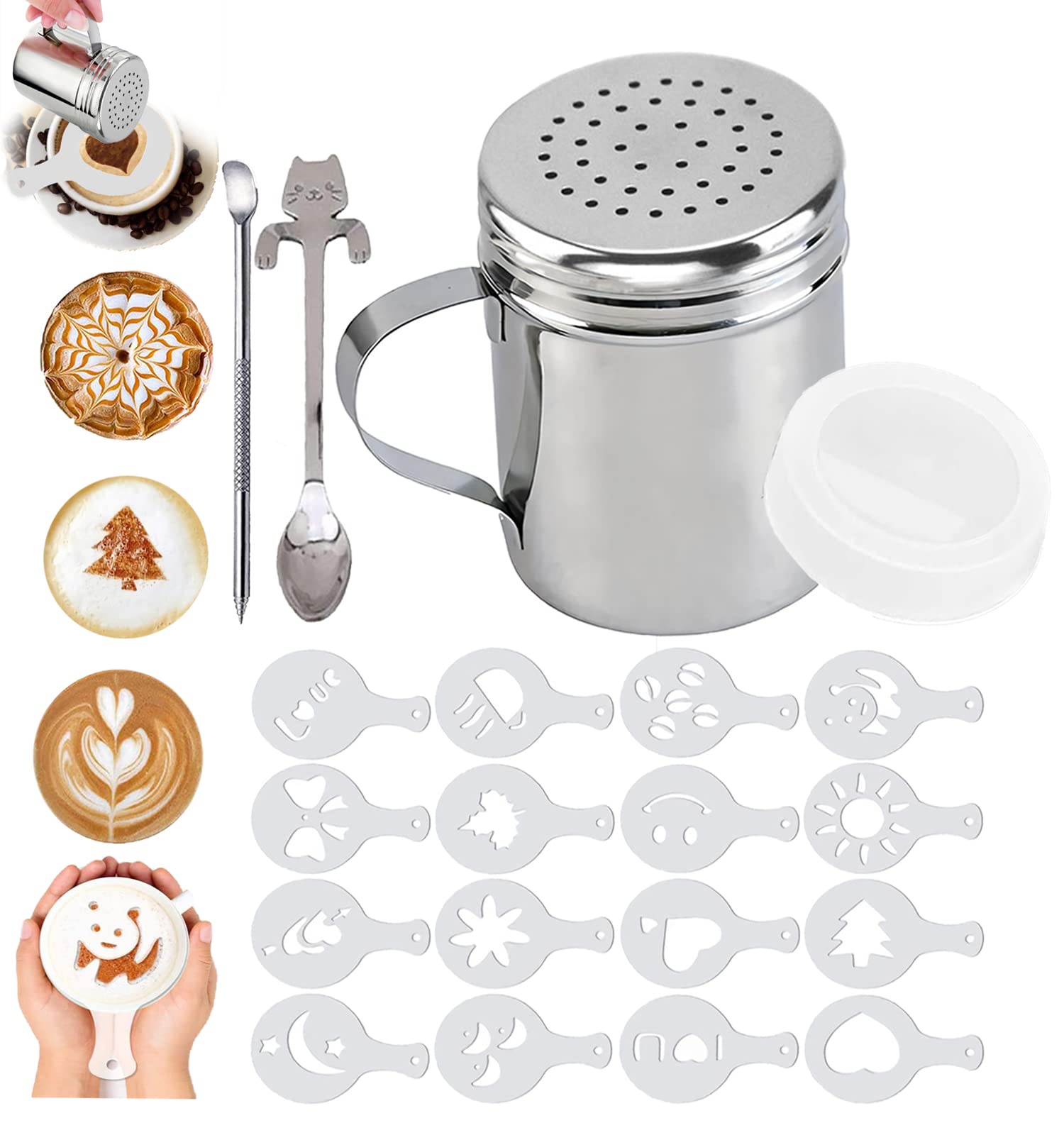 Panlom Chocolate Shaker Duster with Coffee Stencils Set 4 in 1 for Coffee Lovers Steel Barista Accessories Decorating Cappuccino Latte Hot Chocolate Cocoa