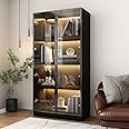 FAMAPY Display Cabinet with Lights, Glass Cabinet with Doors and 4 Tier Shelves, Bookcase Display Case for Collectible, Living Room Office, Black 31.5”W x 15.7”D x 63”H