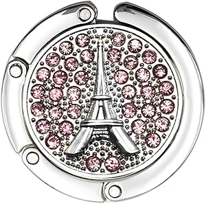 JewelBeauty Rhinestones Eiffel Tower Travel Folding Bag Purse Handbag Table Hook Hanger Holder Decor (Pink)
