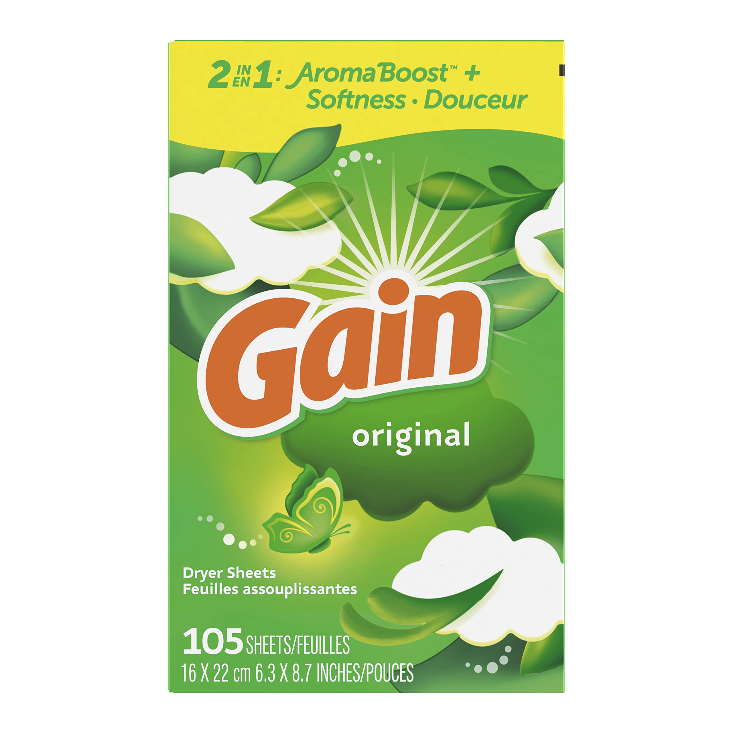 Gain dryer sheets, 105 Count, Original Scent Laundry Fabric Softener Sheets with 2-in-1 Aromaboost Plus Softness