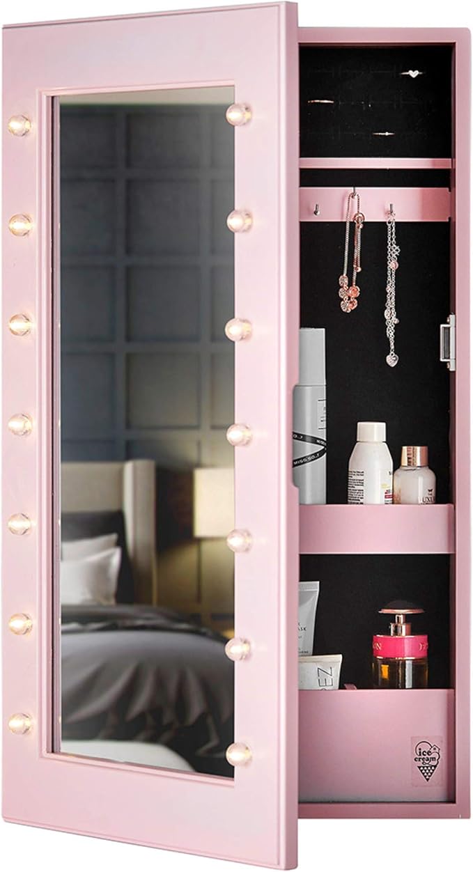 IceCreamLiving Armoire à bijoux murale avec miroir et lumières LED pour