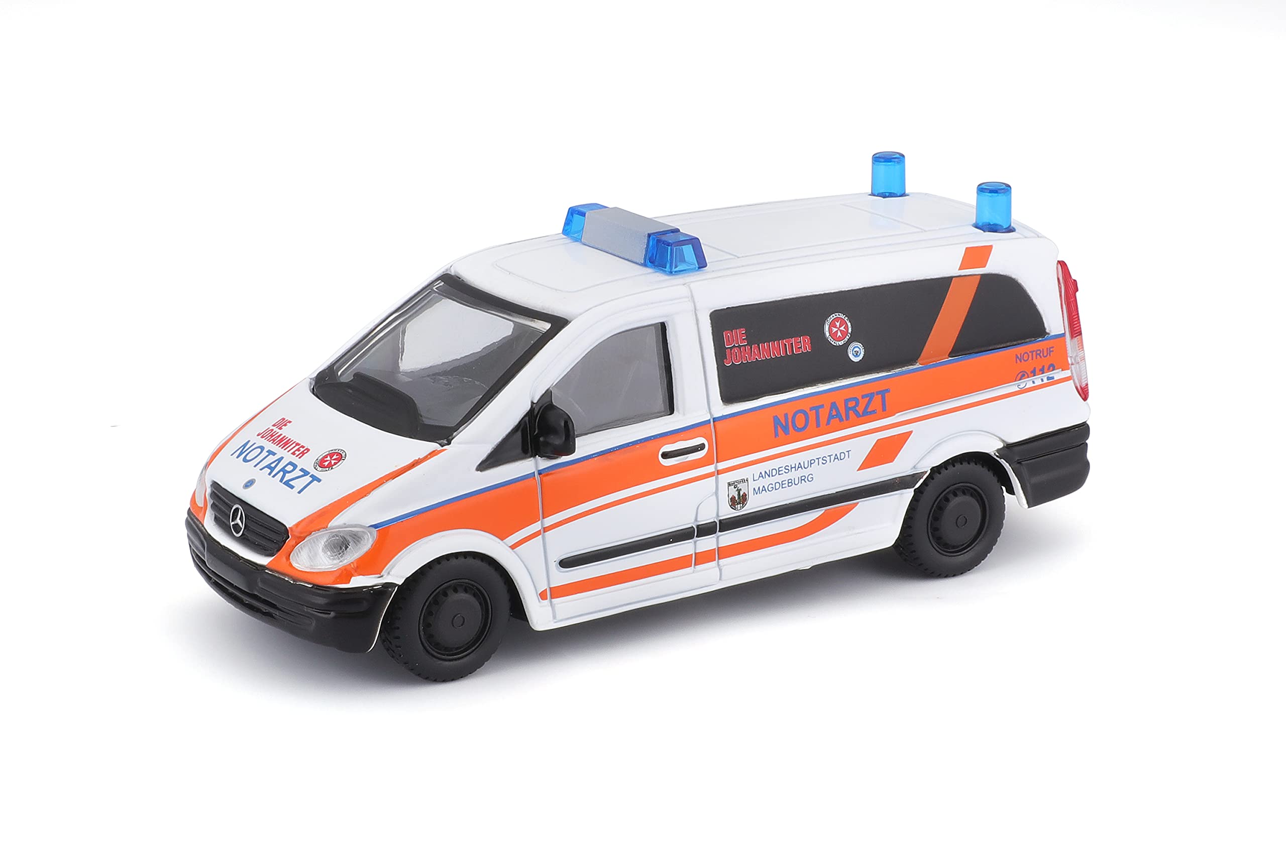 Bburago Mercedes Vito Johanniter: emergency vehicle in scale 1:50, from 3 years, approx. 11 cm, white-orange (18-32007J)