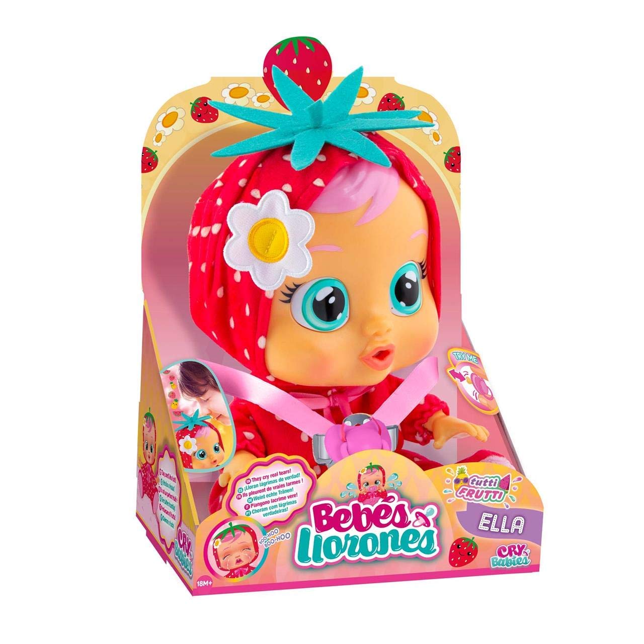 CRY BABIES Tutti Frutti Ella | Interactive Baby Doll with Real Tears & Strawberry Fruit Scented Pyjamas - Toys & lifelike baby doll for kids +18 Months
