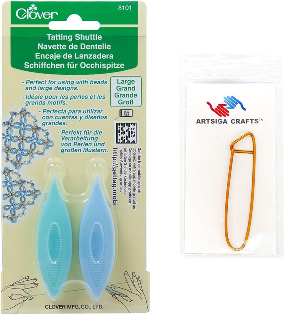 Clover Needlecraft Plastic Tatting Shuttles 2/Pkg Large Bundle with 1 Artsiga Crafts Stitch Holder 8101