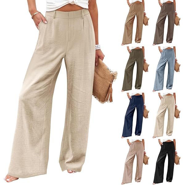 midelxp Women's Beige Linen Palazzo Pants, Wide Leg, High Waist