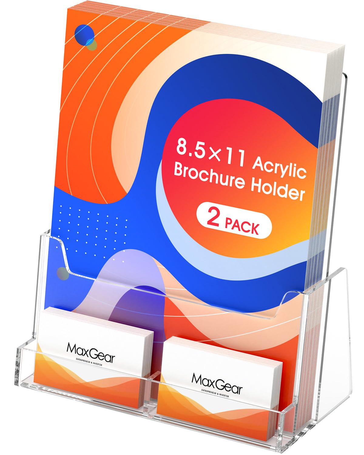 Photo 1 of MaxGear 8.5x11 inch Brochure Holder, 2 Pack Acrylic Display Stand with Business Card Slot, Countertop Literature, Flyer, Trifold, Pamphlet, Booklet Menu Organizer
