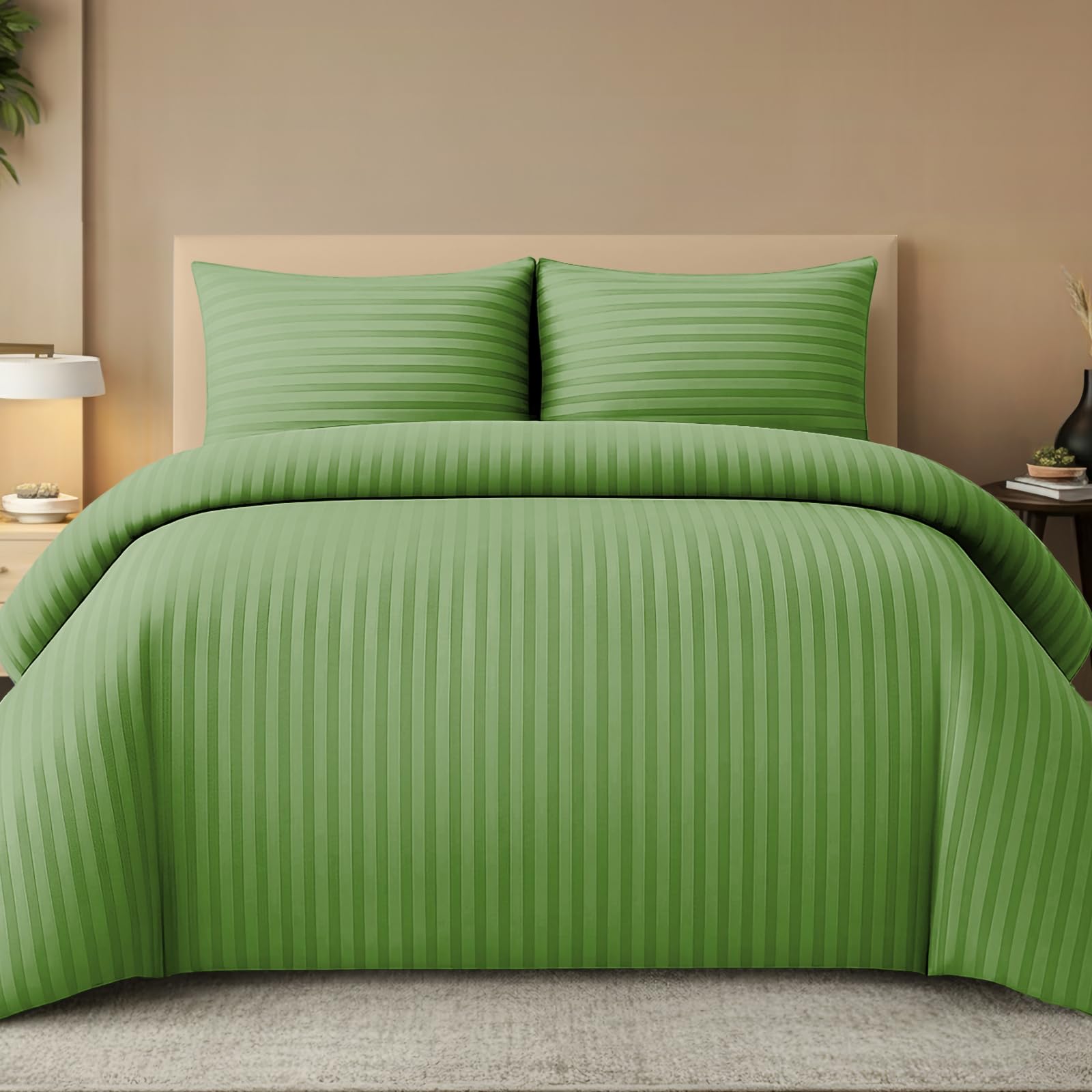 Pamposh Satin Stripe King Size Duvet Cover Sets - Premium Hotel Quality Quilt Cover Bedding Sets - Hypoallergenic Ultra Soft Microfiber Bed Linen