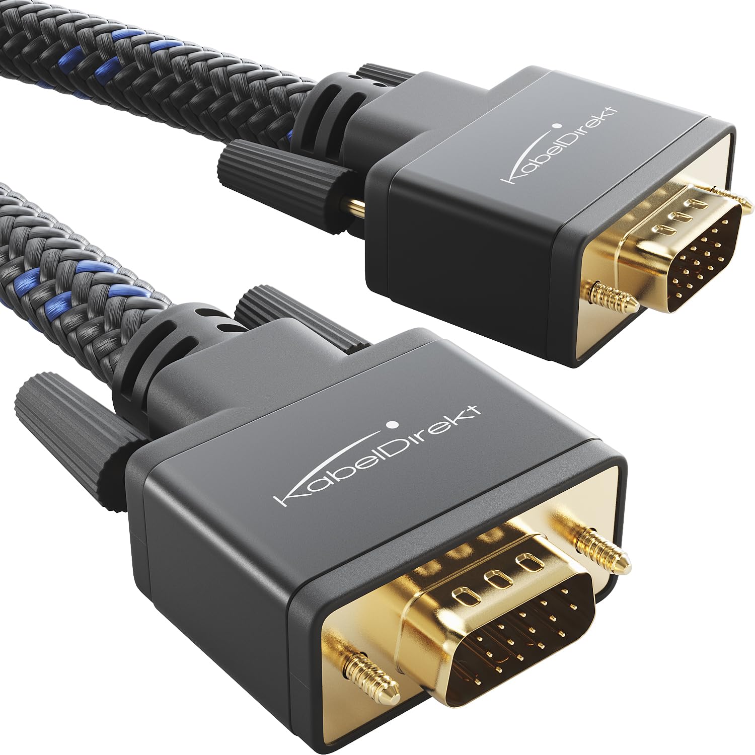 KabelDirekt – VGA monitor cable with full-metal connectors and high-purity copper conductors – 1.5m (Full HD, connects computers to screens/projectors, 15-pin D-Sub, Nylon braided)