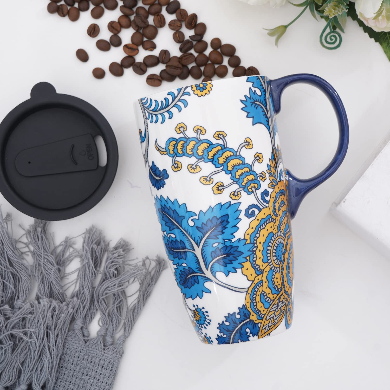 DUSVALLY 17oz Ceramic Travel Mug with Lid - Large Blue Floral Coffee Cup for Tea and Latte
