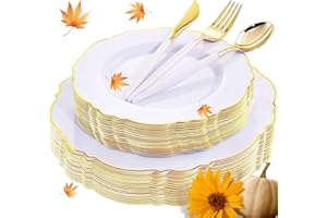 WDF 30Guest Thanksgiving Plates Set - High-end Thanksgiving Baroque Gold Plastic Plates Wedding Plates Disposable for Thanksgiving Parties/Wedding