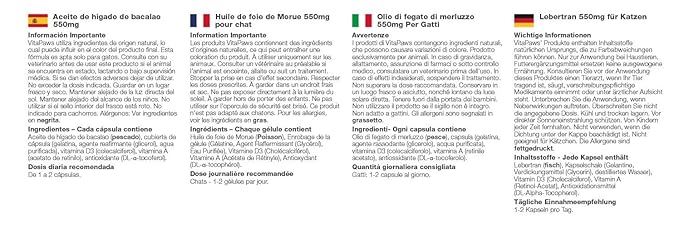 Vitapaws Olio Di Fegato Di Merluzzo 550 Mg Per Gatti 180