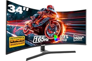 Gawfolk 34 inch Ultrawide Curved Gaming Monitor, 1500R PC Screen 165Hz UWQHD 3440x1440, Curved Computer Monitor with FreeSync