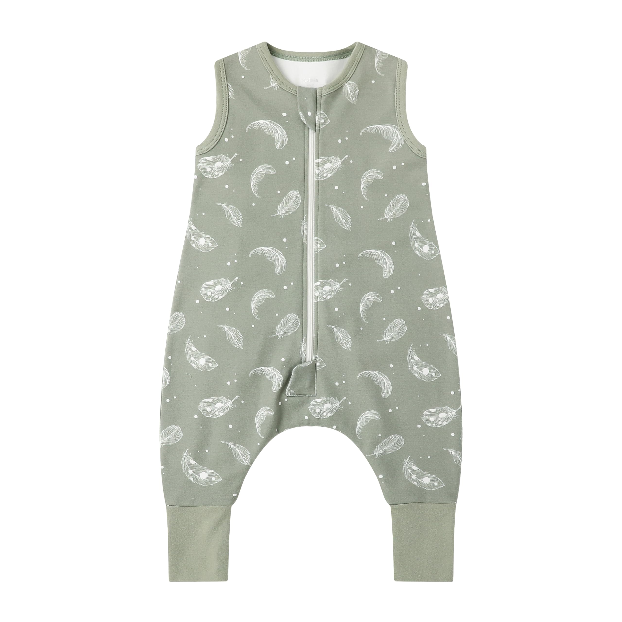 Owlivia 1.0 Tog 100% Organic Cotton Baby Sleeping Bag with Feet Toddler Sleeping Bags with Legs Sleeveless Wearable Blanket for All- Season Comfort（Feather Green, 80cm/2Y）