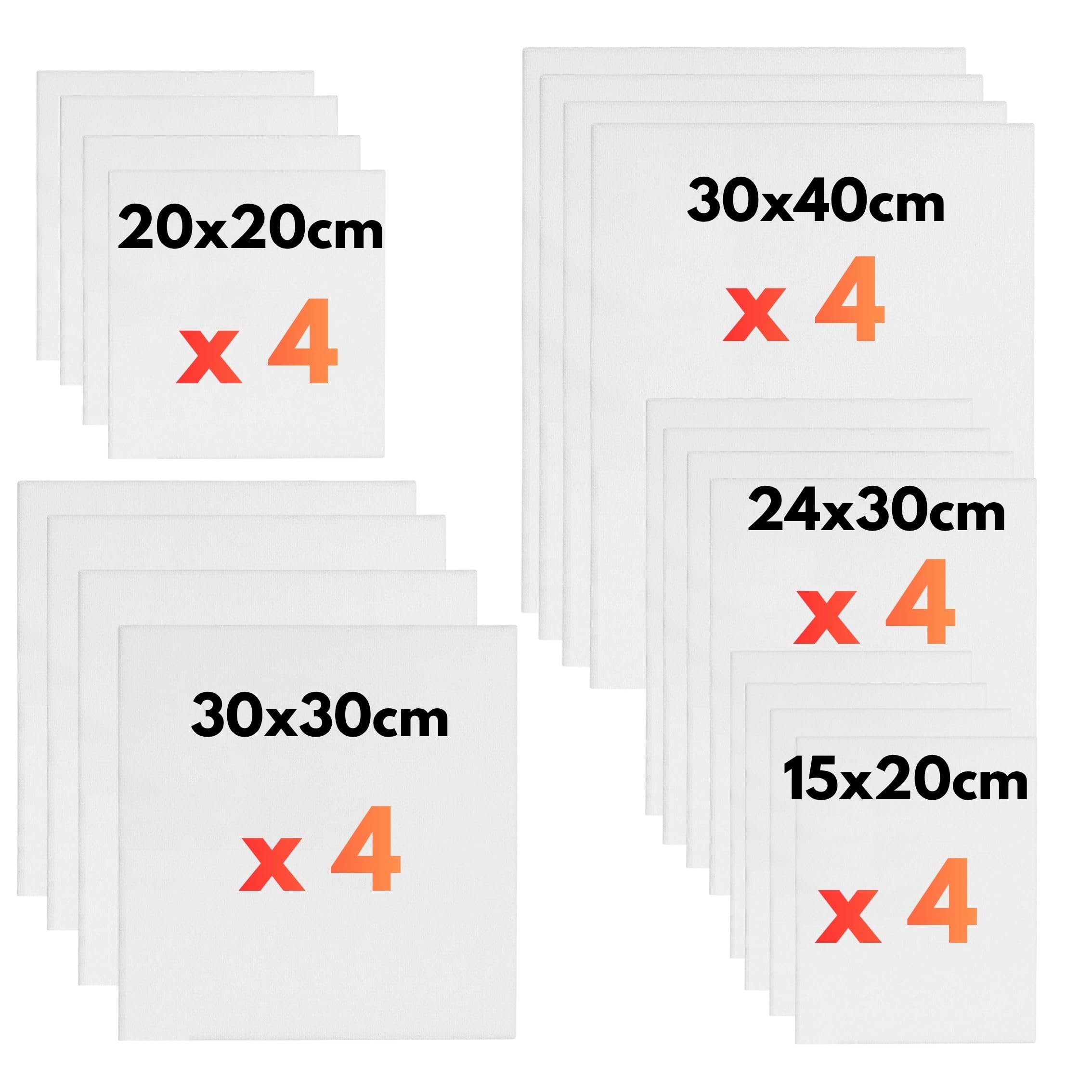 ARTME 20pcs Canvas Panels (15x20-4pk, 24x30-4pk, 30x40-4pk, 20x20-4pk, 30x30-4pk) 3mm Blank Artist Canvas Board / 280GSM/ 100% Cotton/Triple Primed/Acid Free/Medium Grain- Acrylic & Oil Painting