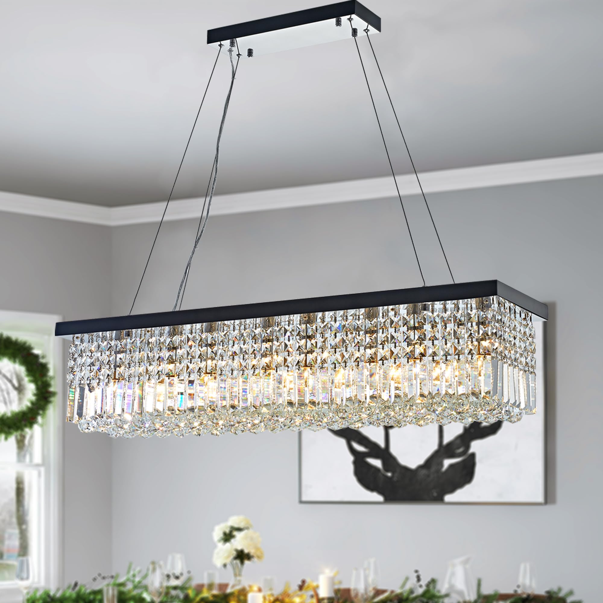 Photo 1 of ZSMINGHUI Rectangle K9 Crystal Chandelier Modern Rectangular Pendant Lighting Fixture for Dining Room Kitchen Island Bedroom Black 40'' 8-Light E12
