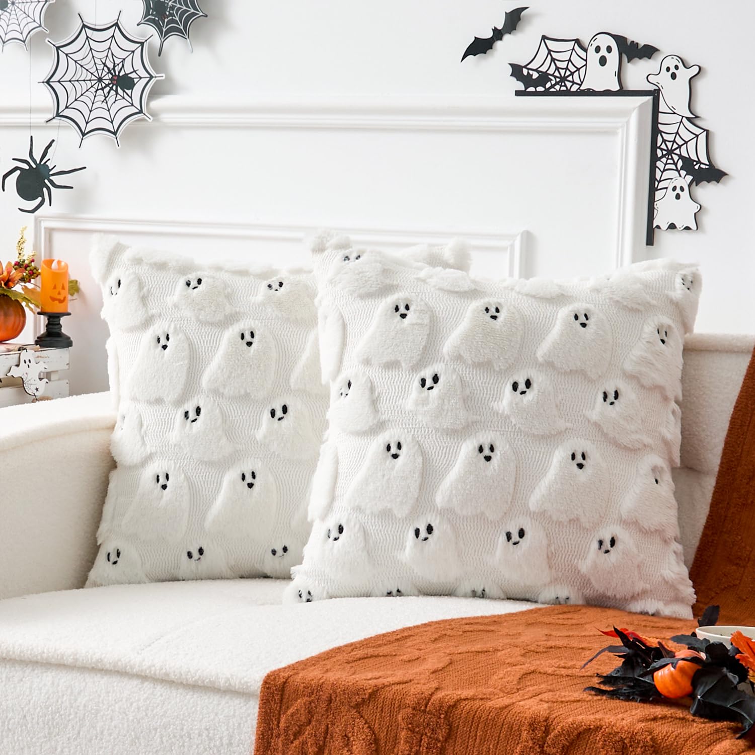 Photo 1 of UGASA Halloween Pillow Covers 18x18 Inch Set of 2 Cute Ghosts Throws Pillowcases Embroidery Soft Plush Faux Wool Cushion Cases for Fall Decor Gift Couch Sofa Chair Bedroom, Cream White