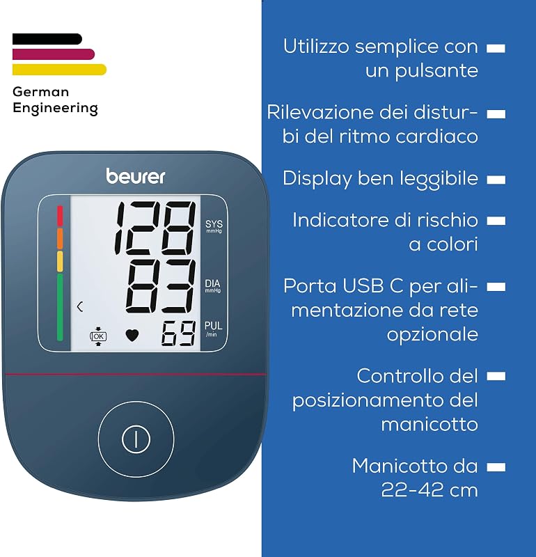 BM 25 misuratore di pressione da braccio, funzionamento semplice con un pulsante, misurazione precisa, rilevamento aritmie, porta USB-C, polsino 22-42 cm, trasferimento dati a Apple Health