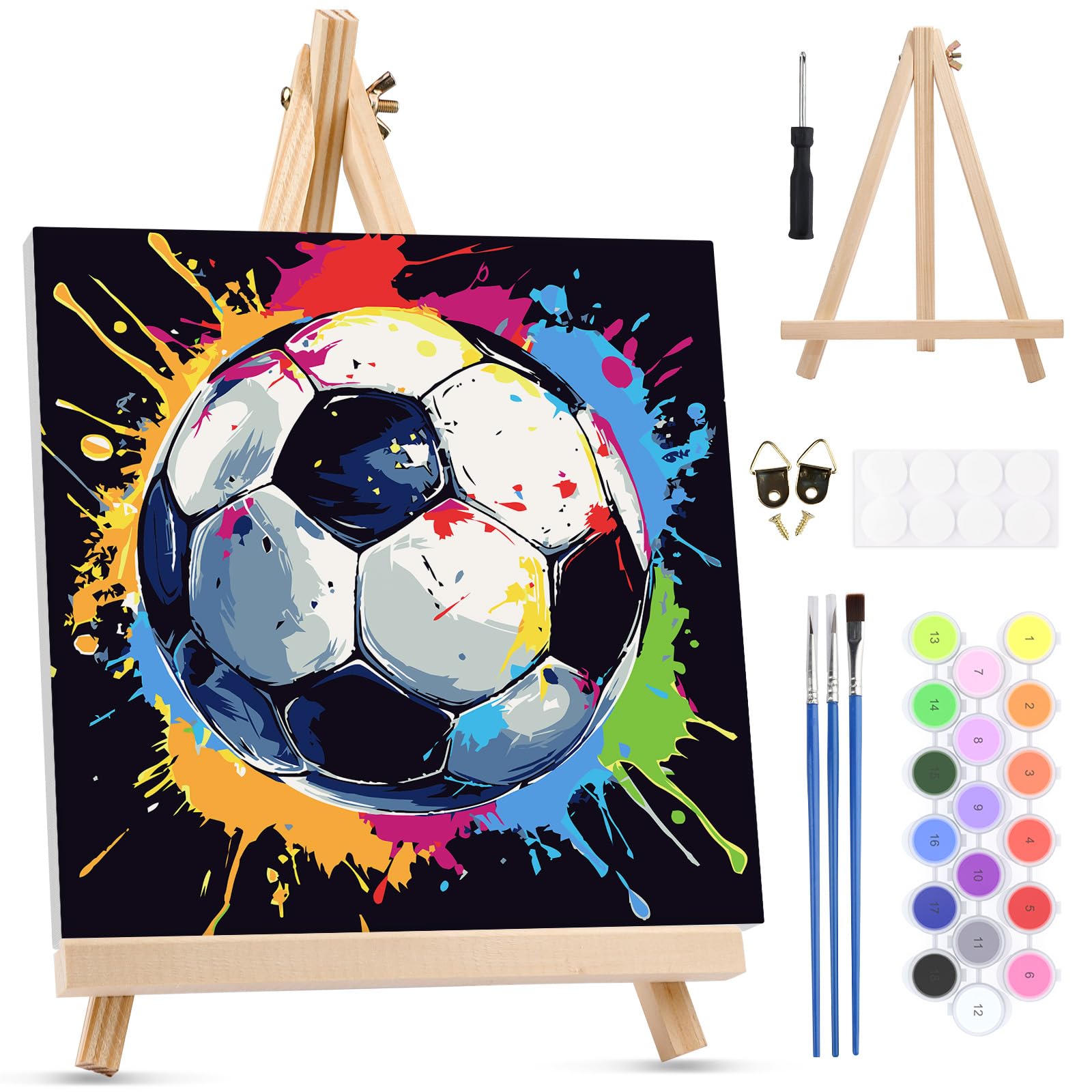 MXJSUA Football Paint by Numbers Kit with Frame for Adults, Soccer Easy Beginners Paint by Number on Canvas with Easel, Acrylic Number Painting Craft Gifts for Home Decor, 25x25cm — image 1