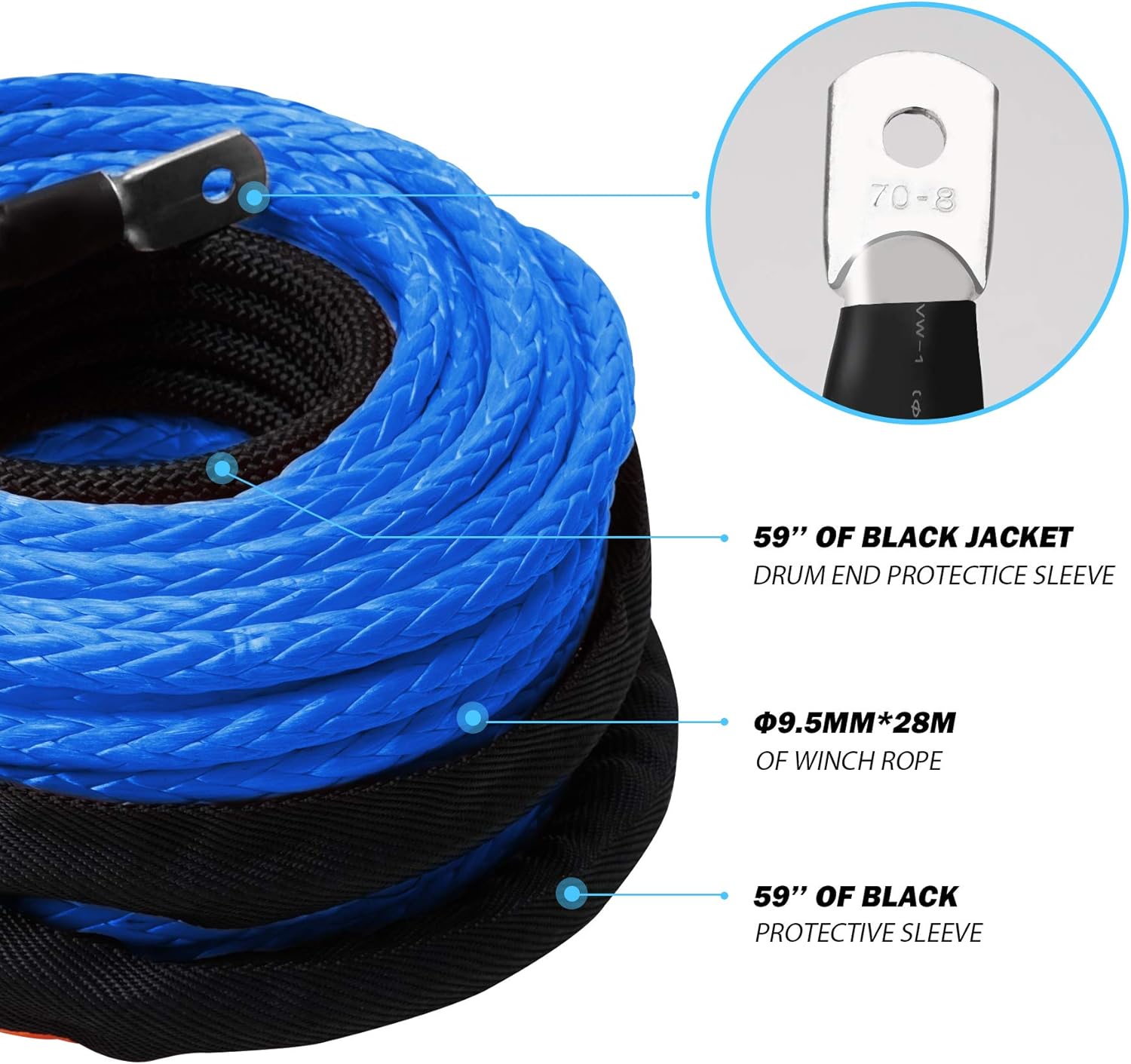Blue ORCISH 3/8 x 92ft Synthetic Winch Rope 23,809lbs Dyneema Winch