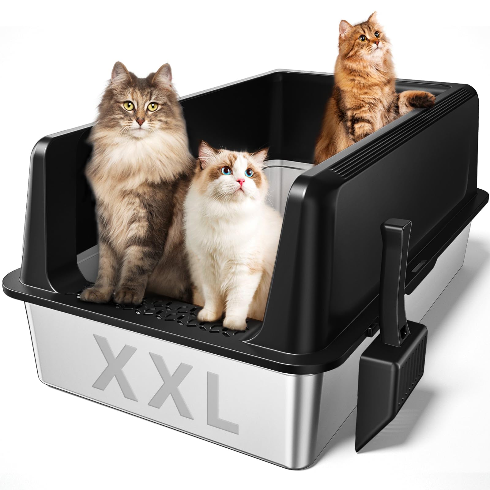 Zarler XXXL Stainless Steel Litter Box, Extra Large Cat Litter Boxes 27.8" L x 20" W x 12.9" H, Jumbo Metal Litter Box with Lid for Multiple Cats, High Sided, Non-Sticky, Anti-Urine Leakage (Black) Image