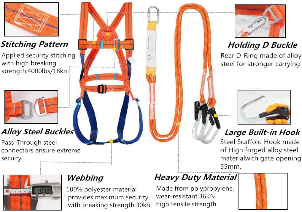 Full Body Safety Harness Tool Fall Protection with 5D-Rings and Waist Belt, Universal Personal Protective Equipment (A) - - 