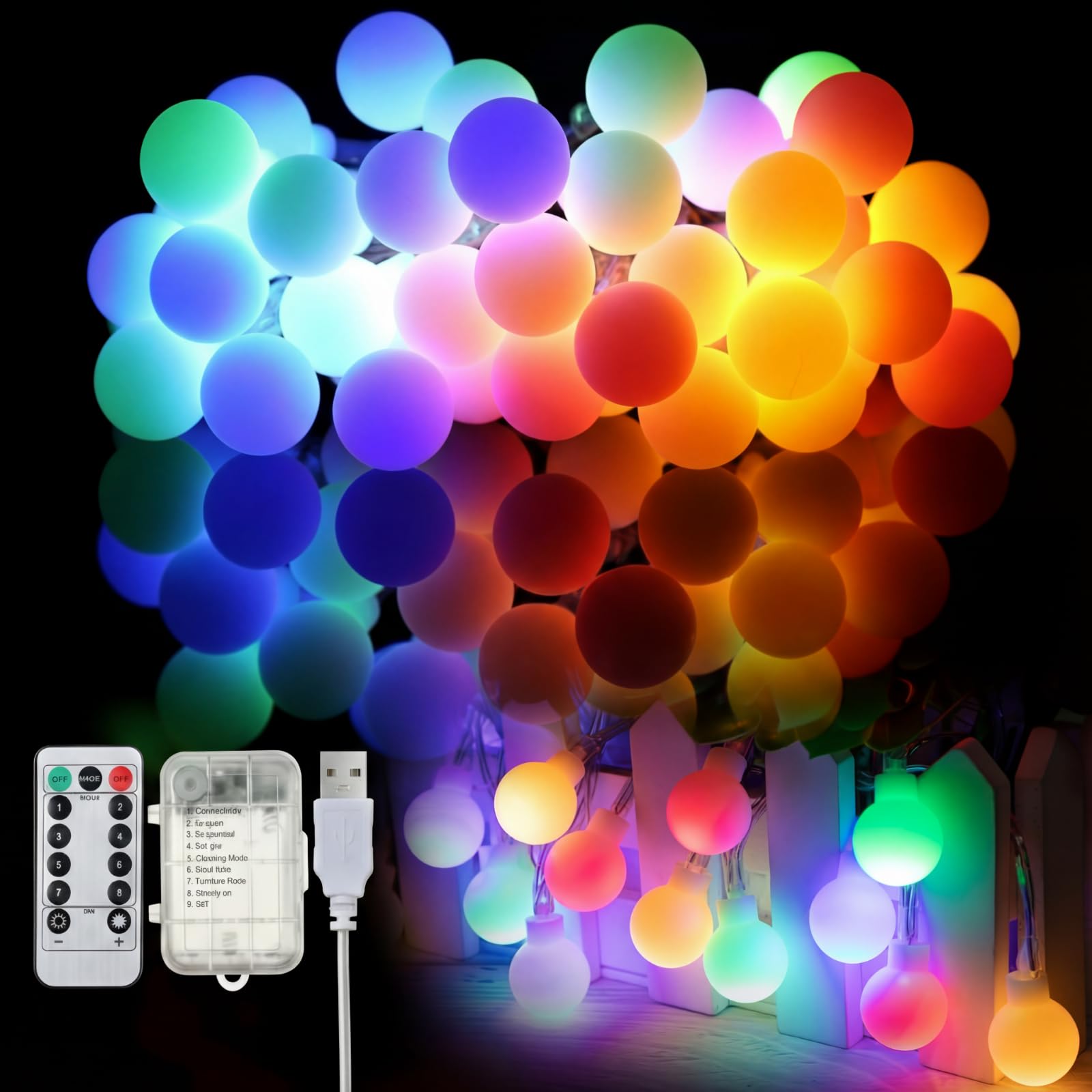 Photo 1 of 1 Pack 32 Feet Patio Umbrella Lights, 8 Lighting Modes LED String Lights with 64 Pcs Shatterproof Globe, Remote Control Battery & USB Powered, Waterproof Hanging Light Decorate for Patio (Colorful)