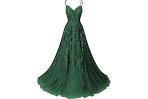 YOFF V Neck Tulle Prom Dresses Long Sparkly Lace Evening Gown with Slit Spaghetti Straps Formal Party Dress YO035