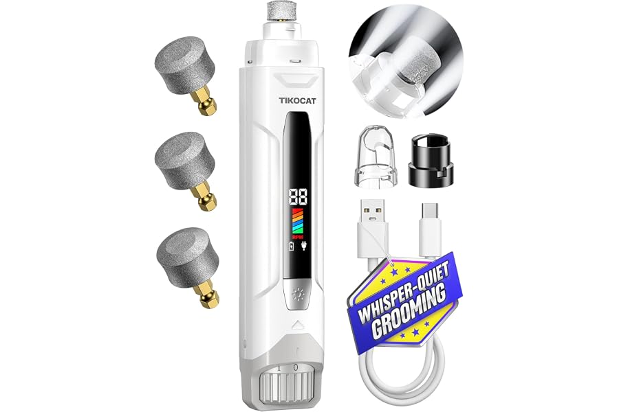 Whisper-Quiet Dog Nail Grinder, 50% More Powerful 6-Speed Pet Nail Trimmer with LED Display & 4 LED Lights, 3 Grinding Bits,