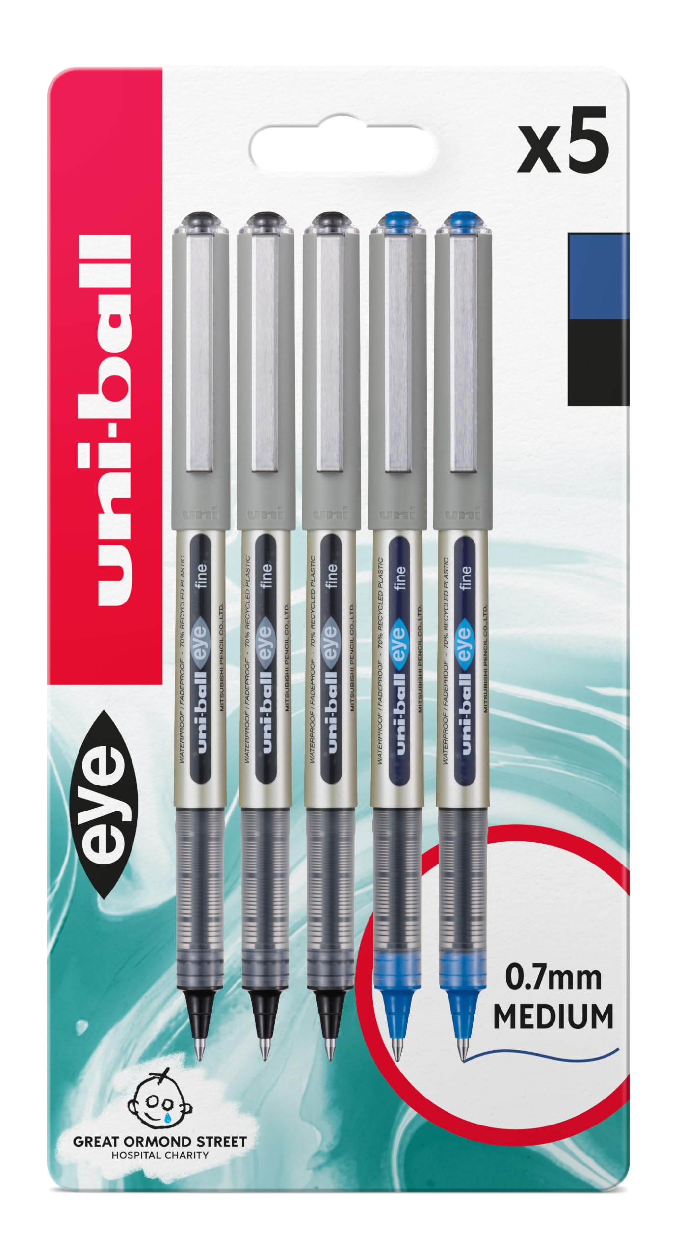 uni-ball UB-157 Eye Rollerball Pens. Premium Fine 0.7mm Ballpoint Tip for Super Smooth Handwriting, Drawing, Art, Crafts and Colouring. Fade and Water Resistant Liquid Uni Super Ink. 5 Pack Black/Blue
