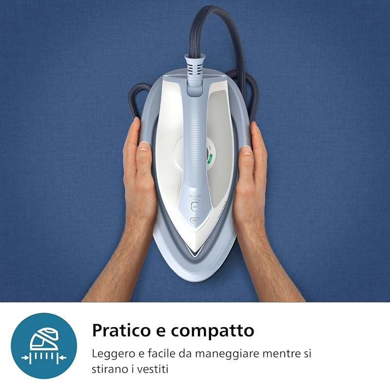 Ferro da stiro con Generatore di Vapore Serie 3000, 2400W, 120g/min di Vapore Continuo, Colpo Vapore da 350g, 6 Bar, Vapore Verticale, Piastra in Ceramica, Azzurro Intenso (PSG3000/20)