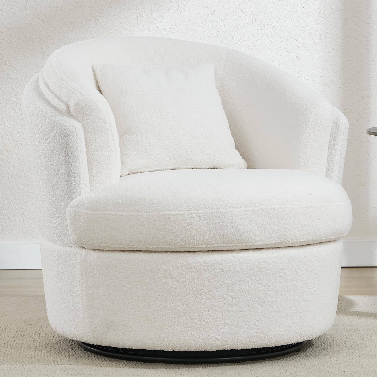 Photo 1 of ***NAVY COLOR*** FriFurne Swivel Accent Chair, 360 Degree Round Swivel Barrel Chair with Pillow, Widened Upholstered Boucle Chair Comfy Sherpa Barrel Armchair for Living Room Bedroom Reading Room, White