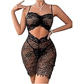 OYOANGLE Women's 2 Piece Lingerie Set Sheer Cut Out Sleeveless Floral Lace Teddy Babydoll and Thongs Sets