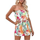 WDIRARA Women's Tropical Print Sleeveless Strapless Wide Leg Tube Romper Jumpsuit Boho Shorts