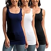 TAIPOVE Square Neck Long Tank Tops for Women Basic Sleeveless Layering Tunic Shirt Ladies Cotton Camis Undershirts 3-Pack