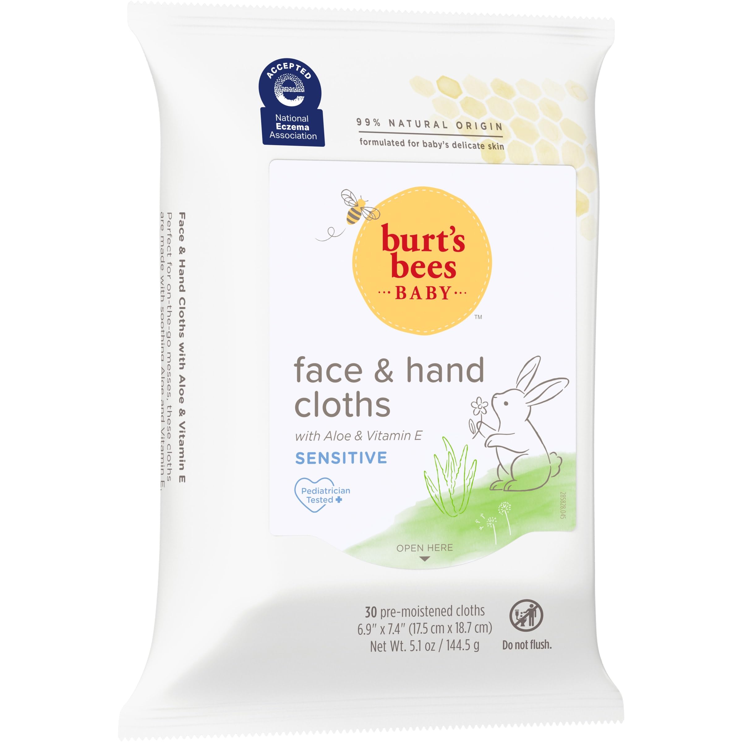 Burt's Bees Baby Face & Hand Cloths, Unscented Cleansing Wipes for Sensitive Skin - 30 Wipes, Pack of 3