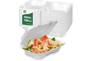Pony Packaging 200 Pack Compostable Clamshell To Go Food Containers with Lids 9"x6"x3" Fiber Biodegradable Containers Disposable Take Out Food Containers, White