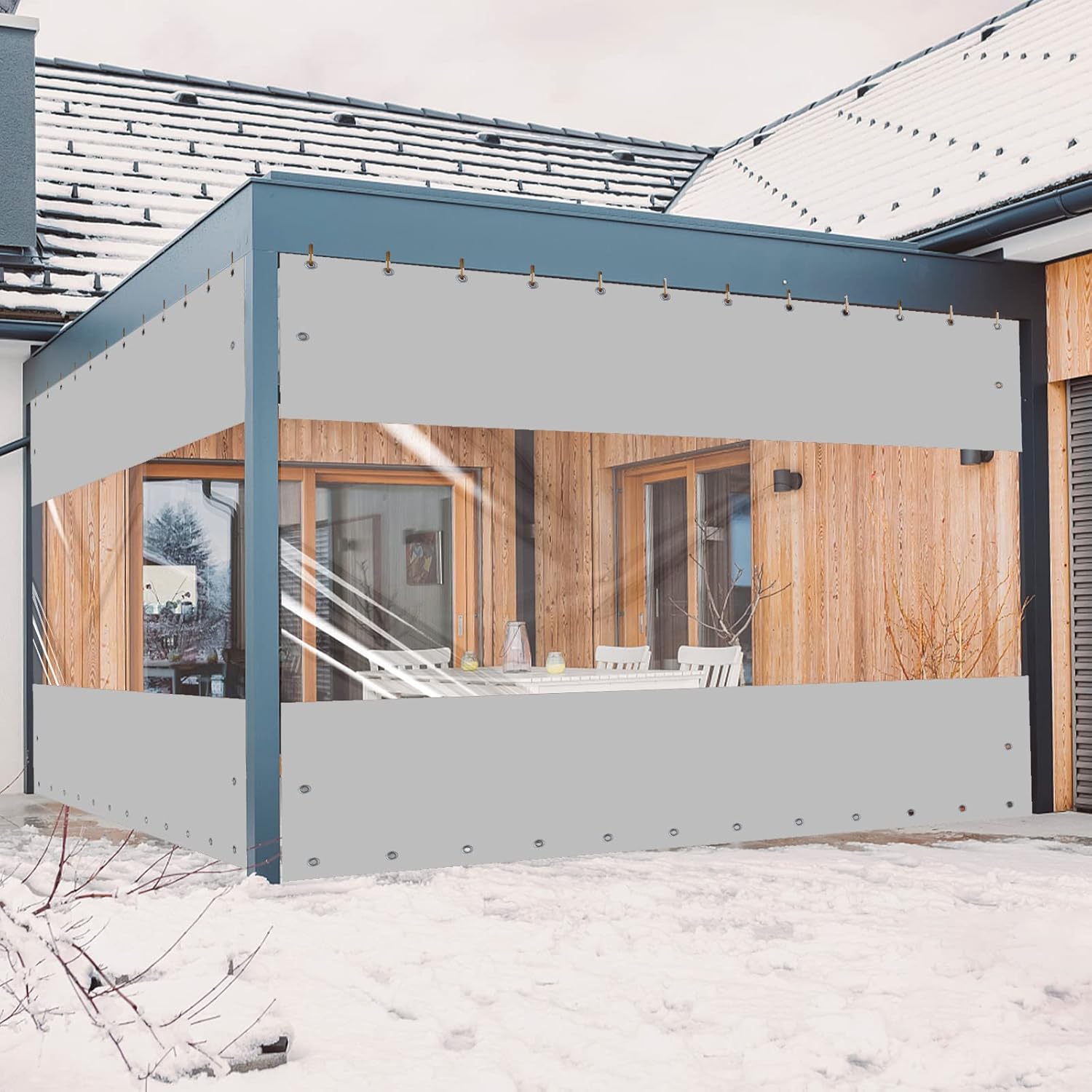 Outdoor Curtains - Ezcasch 20 Oz Outdoor Vinyl Curtain, Outdoor Clear Panel Curtain, Weather Resistant Outdoor Curtain for Pergola, Porch, Gazebos, with Rustproof Grommets (8'H x 8'W, Grey)