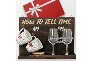 BARILLIO Wall Mounted or Tabletop Wooden Drinkware Board | AM/PM Coffee Mug and Alcohol Glass Holder | Funny Gift for Men, Women, Dad, Mom, Christmas - Fits Wine, Whiskey, Beer | Glasses Are Not Included