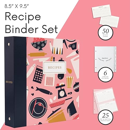 Jot & Mark 8.5" x 9.5" 3 Ring Recipe Binder with 50 Matching 4x6 inch Recipe
