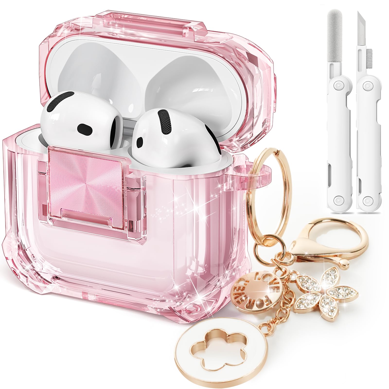 Photo 1 of with Safety Lock for Airpods 4 Case 2024,Clear Cases Compatible with Airpods 4th Generation Case,Soft TPU iPod 4 Case with Unique Cute Bling Keychain and Cleaner kit for Women Girls-Clear Pink