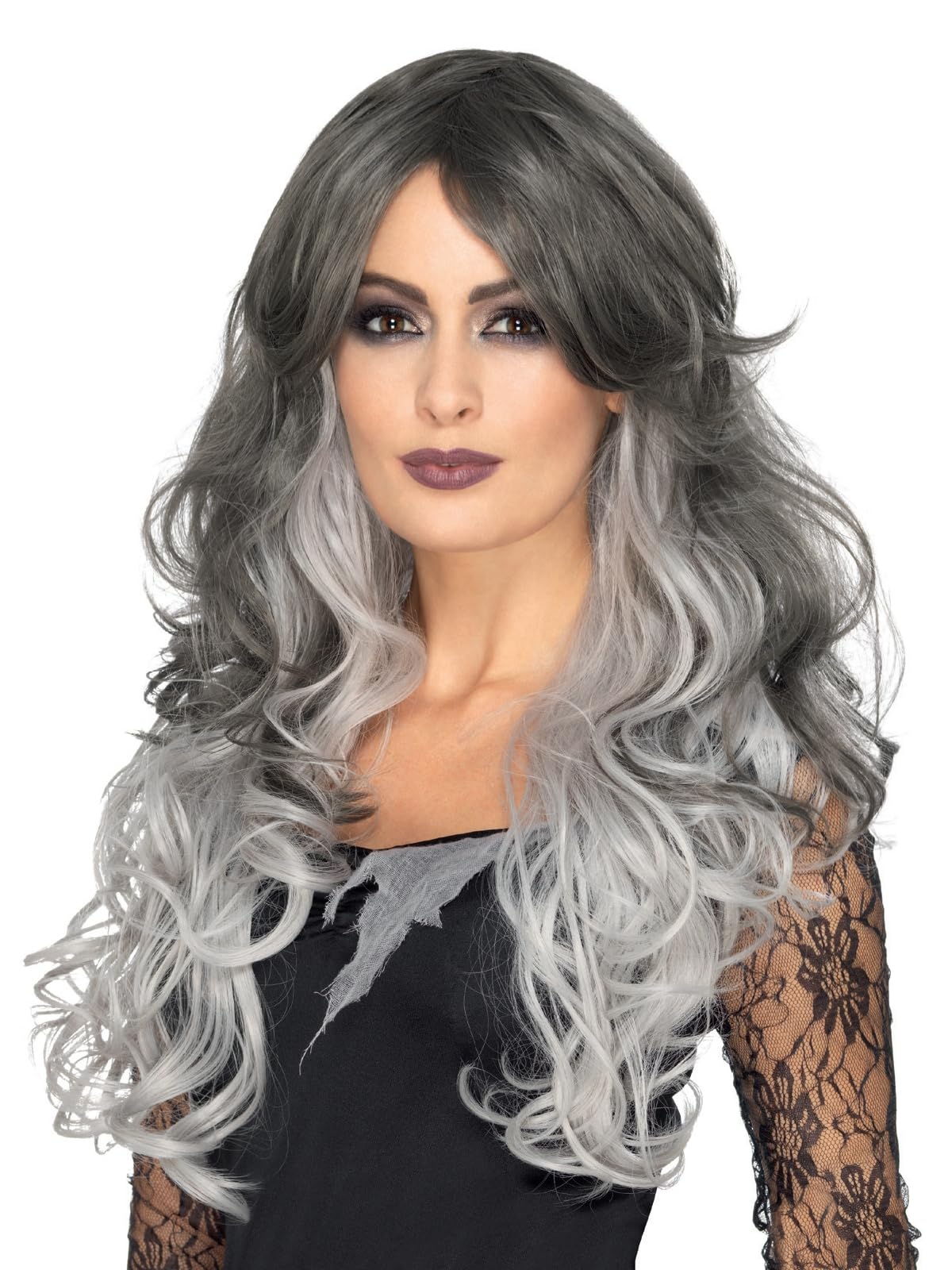 Smiffys Deluxe Gothic Bride Wig, Grey Heat Resistant/Styleable, Halloween Fancy Dress Accessory, Halloween Dress Up Wigs