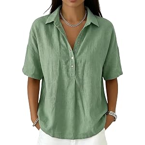 Cotton Linen Shirts for Women Summer Henley V Neck Half Sleeve Blouse | Gauze crinkle linen tops and blouses, button down bre