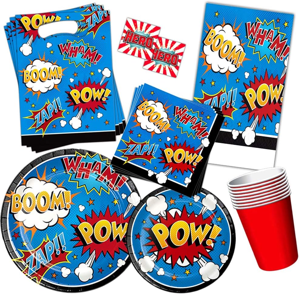 Superhero Party Supplies Set Kids Toddlers -- Super Hero Birthday Party Decorations, Party Favors, Plates, Cups, Napkins and More!