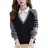 LAI MENG FIVE CATS Women's V-Neck Casual Collared 2 in 1 Pullover Top Long Sleeve Shirt Striped Contrast Blouse